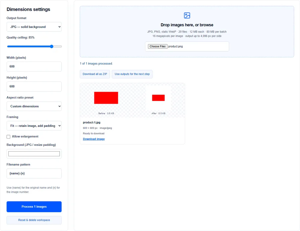 Bulk Image Resizer workspace showing an example
