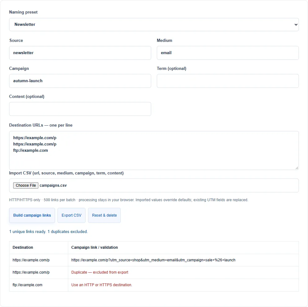 Bulk UTM Builder workspace showing an example
