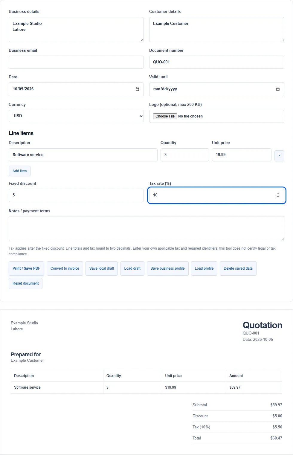 Quotation Generator workspace showing an example