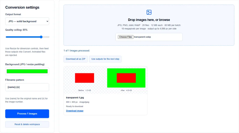 WebP to JPG workspace showing an example