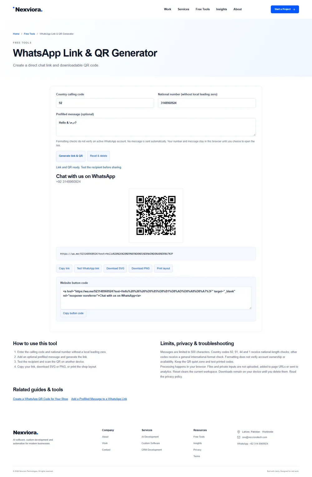 WhatsApp Link Generator workspace showing an example